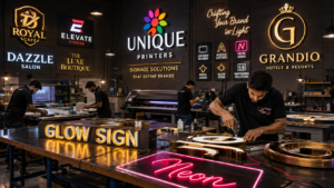 Modern signage production workshop with skilled craftsmen creating custom LED sign boards, acrylic letters, glow signs, neon signs, metal logos, and illuminated branding displays in a professional studio environment.