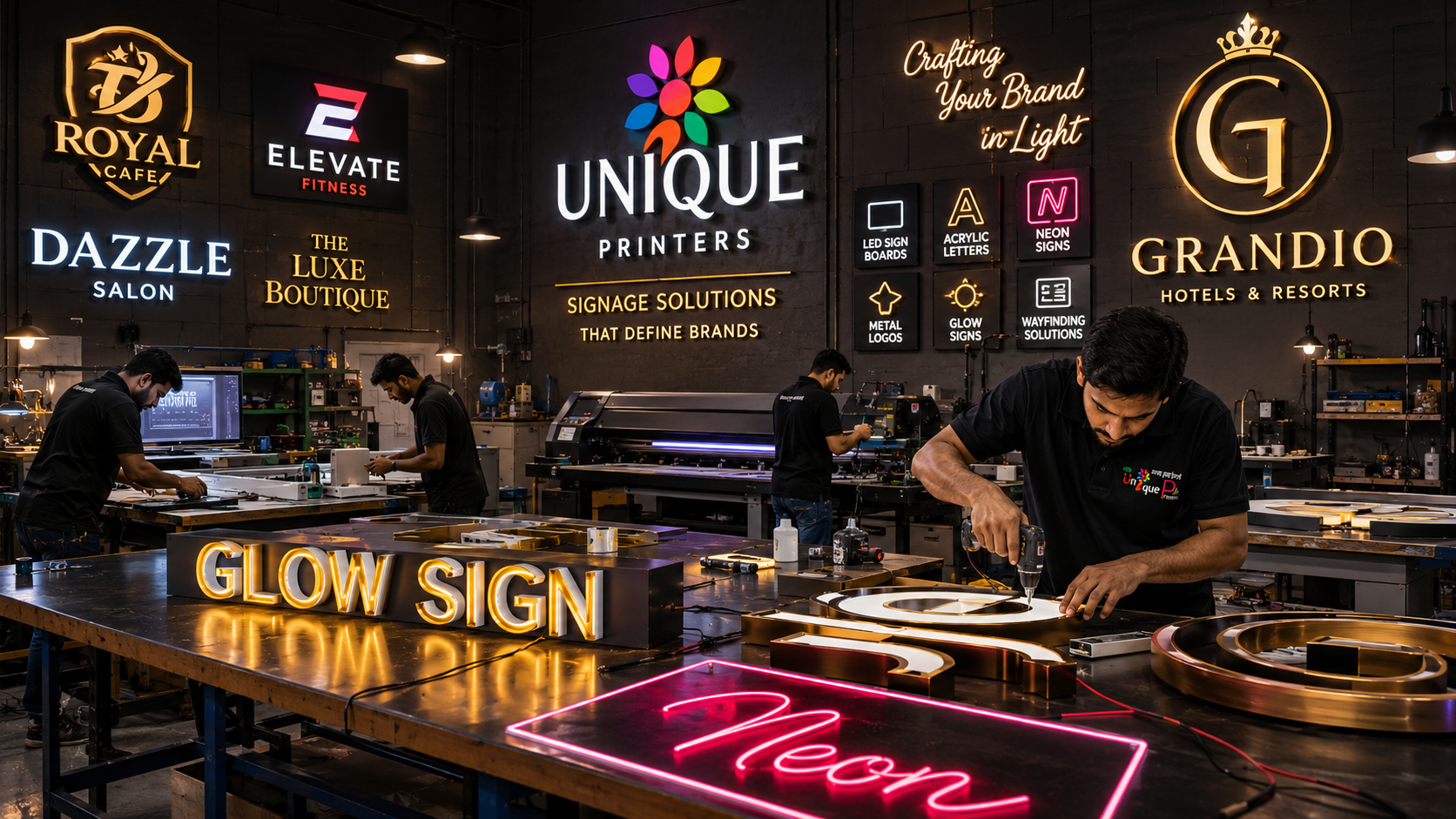 Modern signage production workshop with skilled craftsmen creating custom LED sign boards, acrylic letters, glow signs, neon signs, metal logos, and illuminated branding displays in a professional studio environment.