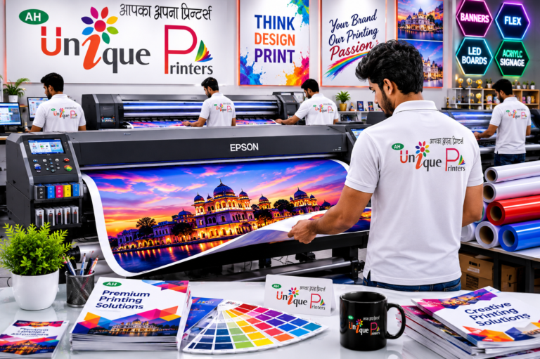 Professional digital printing studio in Udaipur with advanced Epson large-format printers, skilled operators wearing Unique Printers branded polo shirts, vibrant banner printing, colorful marketing materials, and a modern print production environment.