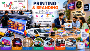 Professional printing and branding studio in Udaipur featuring large-format printers, flex banner production, LED sign boards, acrylic signage, vehicle branding solutions, promotional products, and client consultation with the Unique Printers logo prominently displayed.