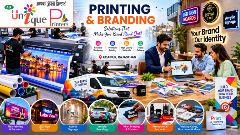 Professional printing and branding studio in Udaipur featuring large-format printers, flex banner production, LED sign boards, acrylic signage, vehicle branding solutions, promotional products, and client consultation with the Unique Printers logo prominently displayed.