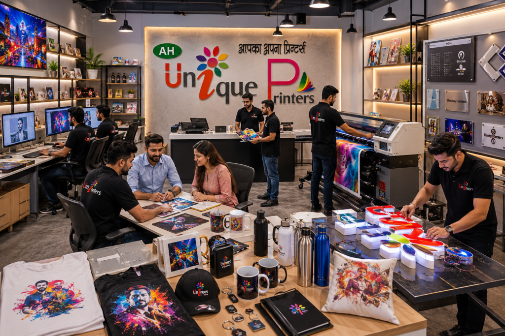 Ultra-realistic printing and signage production studio featuring employees in branded uniforms, customers discussing design projects, large-format printers in operation, illuminated acrylic signage creation, promotional products display, and a prominent company branding wall in a modern professional workspace.