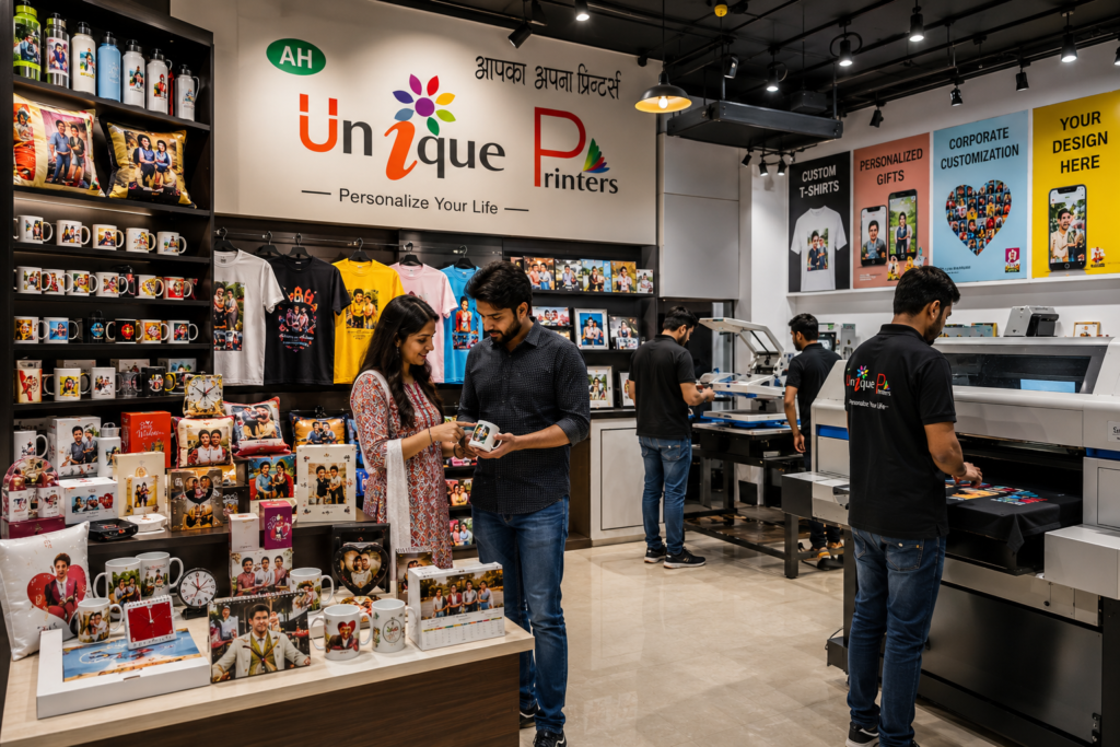 Custom printing shop in Udaipur showcasing personalized t-shirts, mugs, cushions, photo frames, and gift items with professional printing machines and customers exploring custom products.