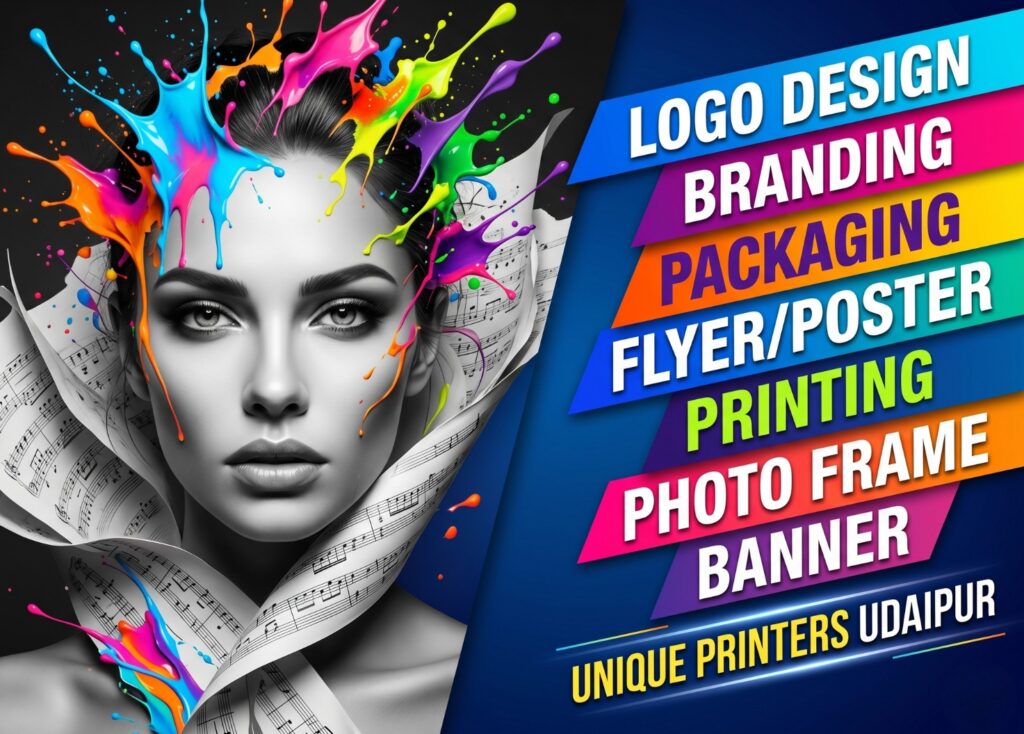 Creative graphic design and printing services banner showcasing logo design, branding, packaging design, flyer printing, poster printing, photo frame printing, and banner printing by Unique Printers Udaipur.