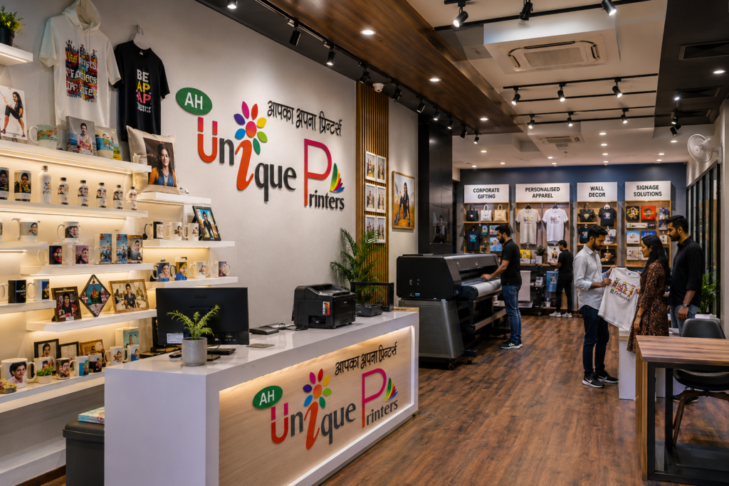 Modern Unique Printers showroom in Udaipur featuring custom branding on the wall and reception desk, professional staff operating advanced printing machines, customers exploring personalized t-shirts, mugs, corporate gifts, wall décor, and signage solutions in a premium retail environment.
