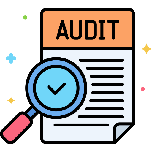 Factory audit name plate icon featuring an audit document with a magnifying glass and verification checkmark.