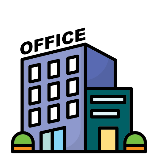 Modern office building icon representing LED display boards, business signage, and corporate branding solutions.