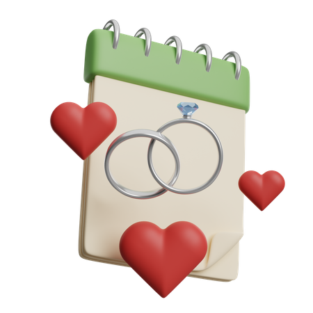 Wedding calendar icon with engagement rings and red hearts representing wedding celebrations and special event planning.